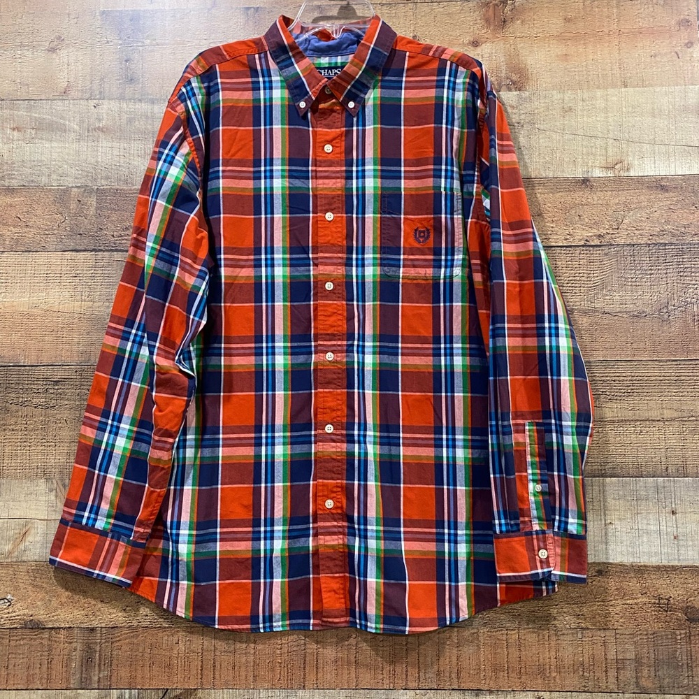 Chaps Easy Care Long Sleeve Orange and Navy Plaid   Shirt Size XXL